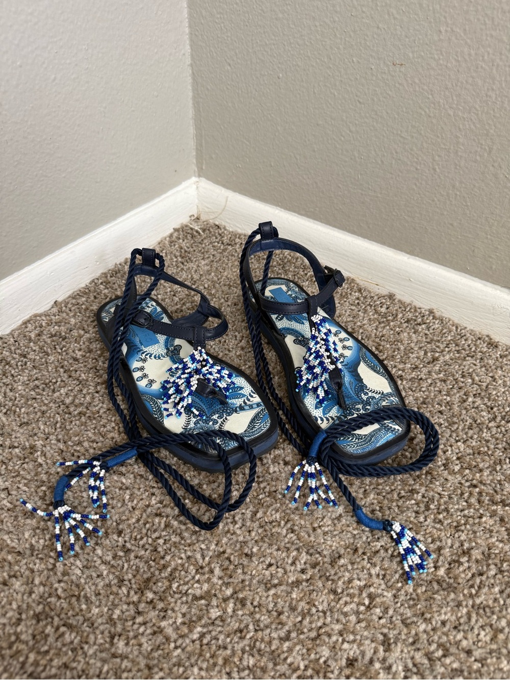 Farm Rio Blue Tile Beaded Flat Sandals